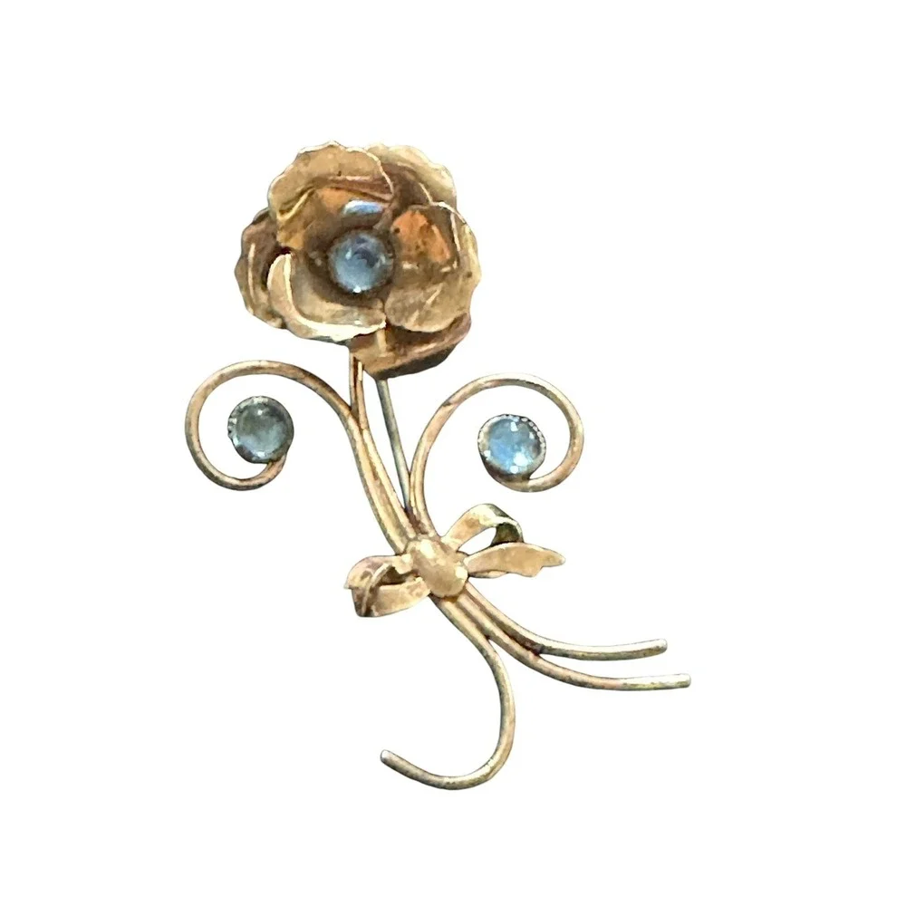 Vintage Gold Tone Flower Floral Brooch Blue Rhinestones Signed AVIL‎ STE
